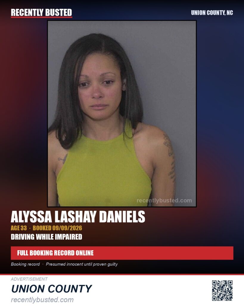 DANIELS, ALYSSA LASHAY — arrest record card, Union County, North Carolina