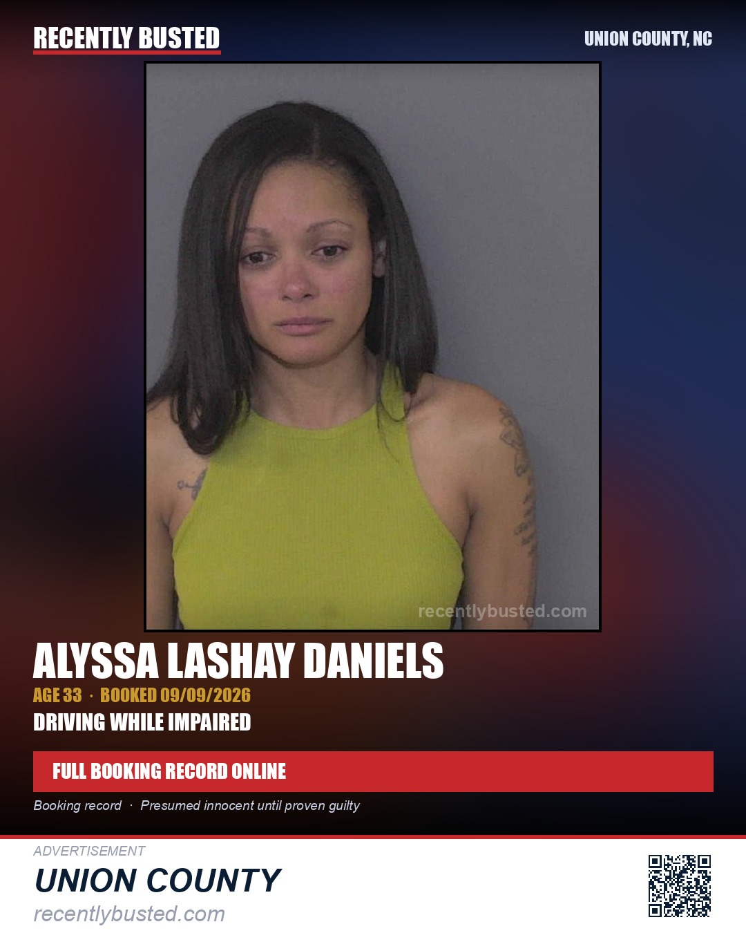 DANIELS, ALYSSA LASHAY — arrest record card, Union County, North Carolina