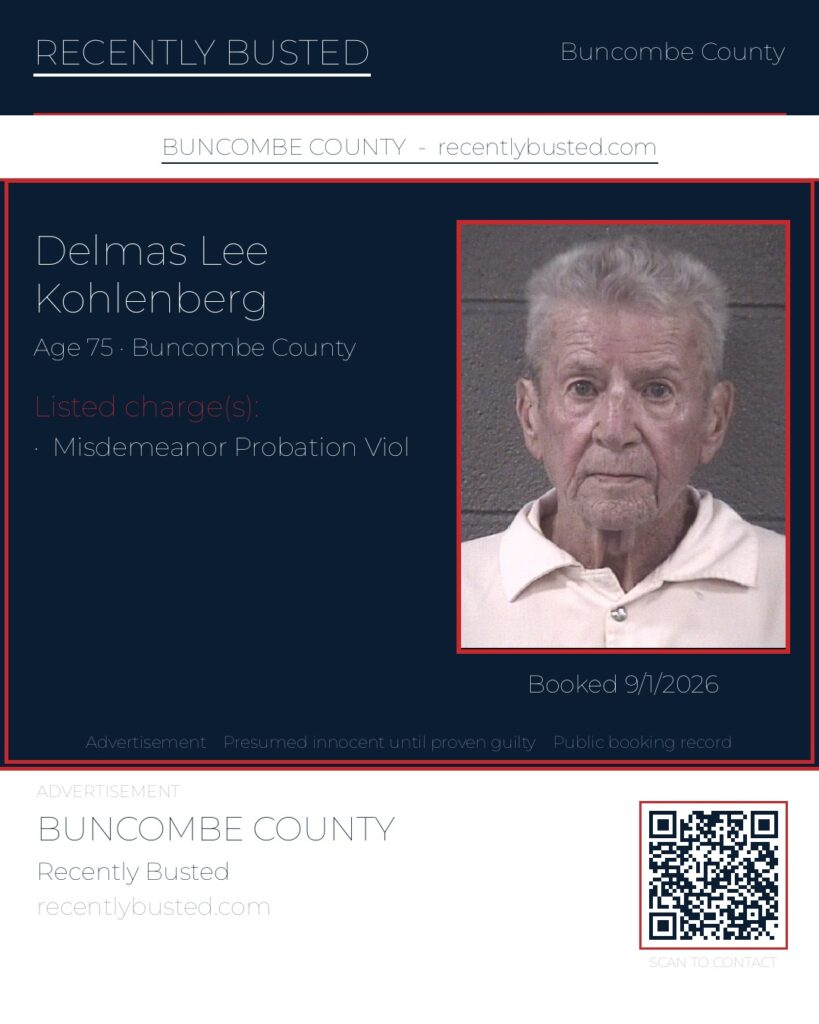 DELMAS LEE KOHLENBERG — arrest record card, Buncombe County, North Carolina