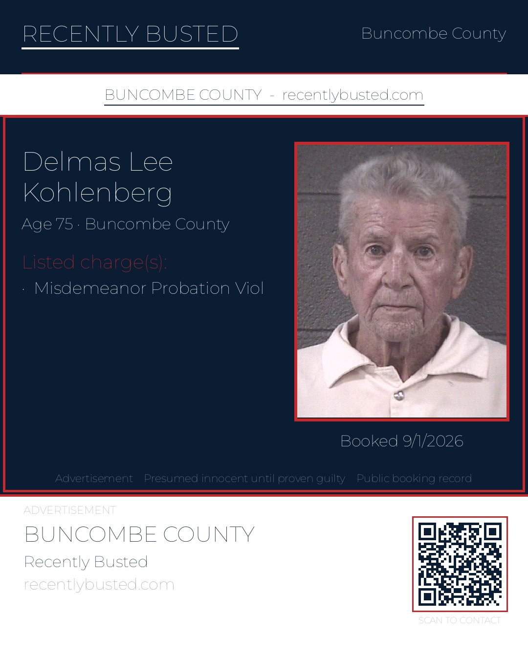 DELMAS LEE KOHLENBERG — arrest record card, Buncombe County, North Carolina