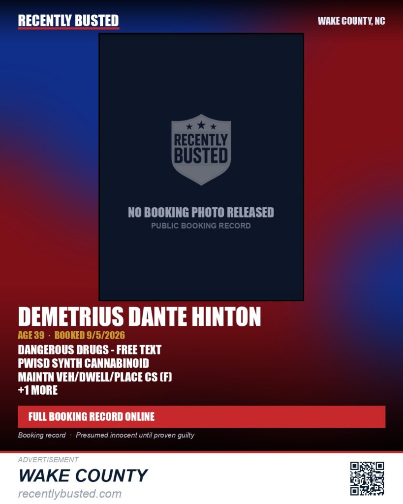 DEMETRIUS DANTE HINTON — arrest record card, Wake County, North Carolina