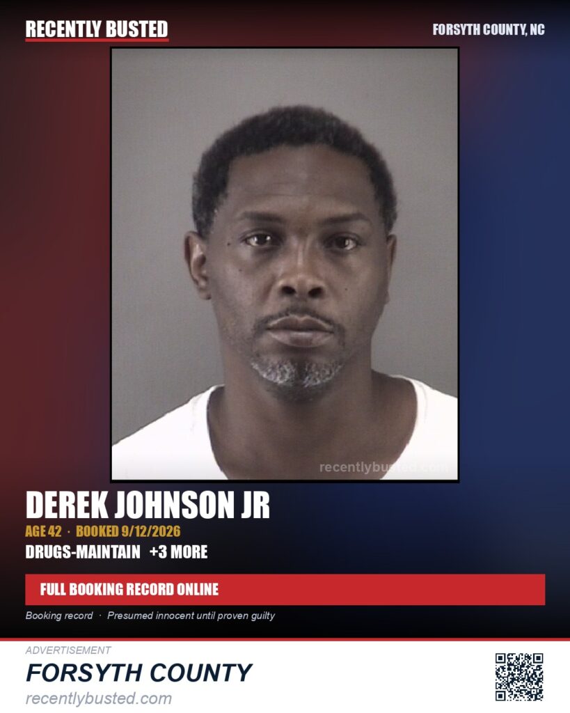 DEREK JOHNSON JR — arrest record card, Forsyth County, North Carolina