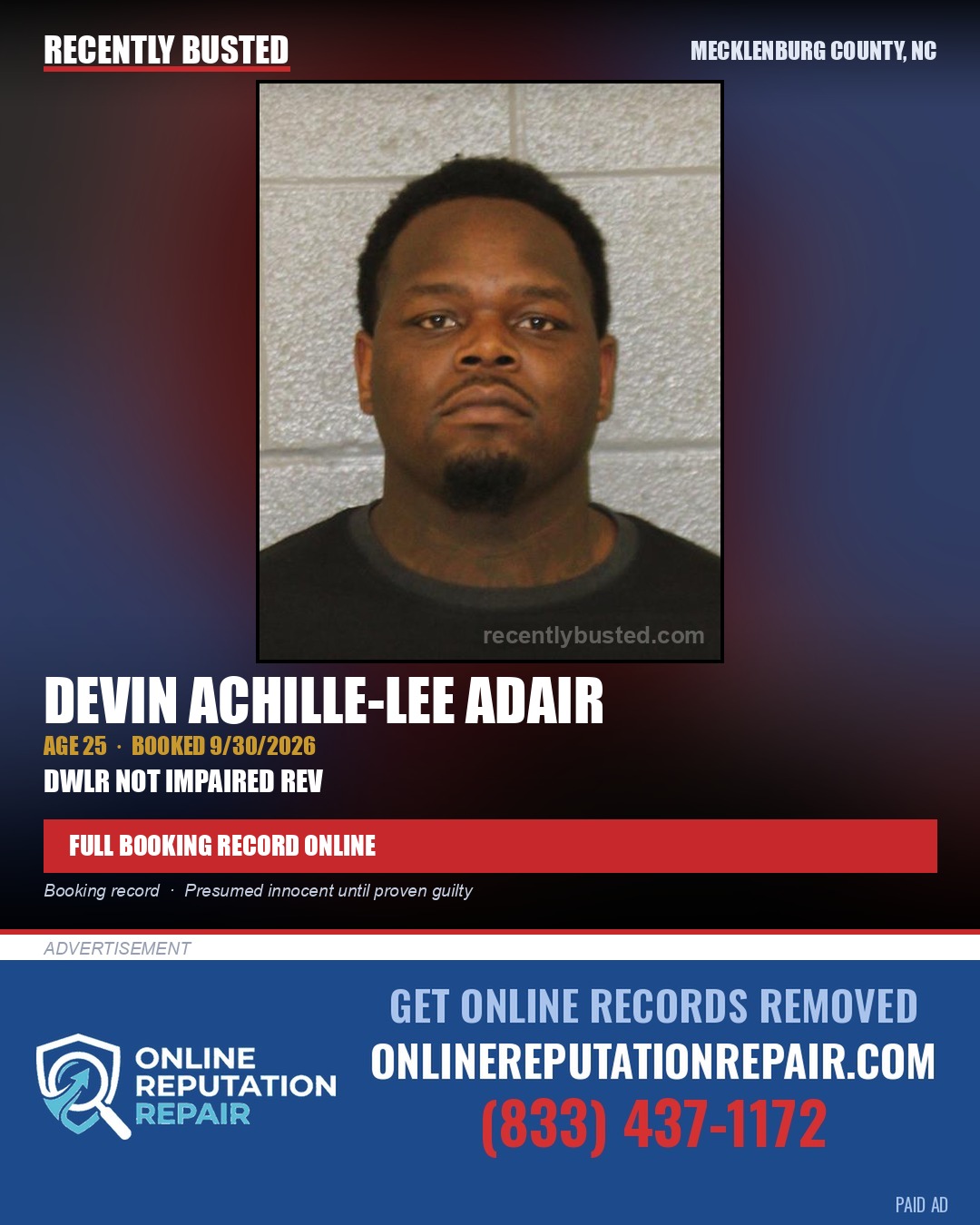 DEVIN ACHILLE-LEE ADAIR — arrest record card, Mecklenburg County, North Carolina