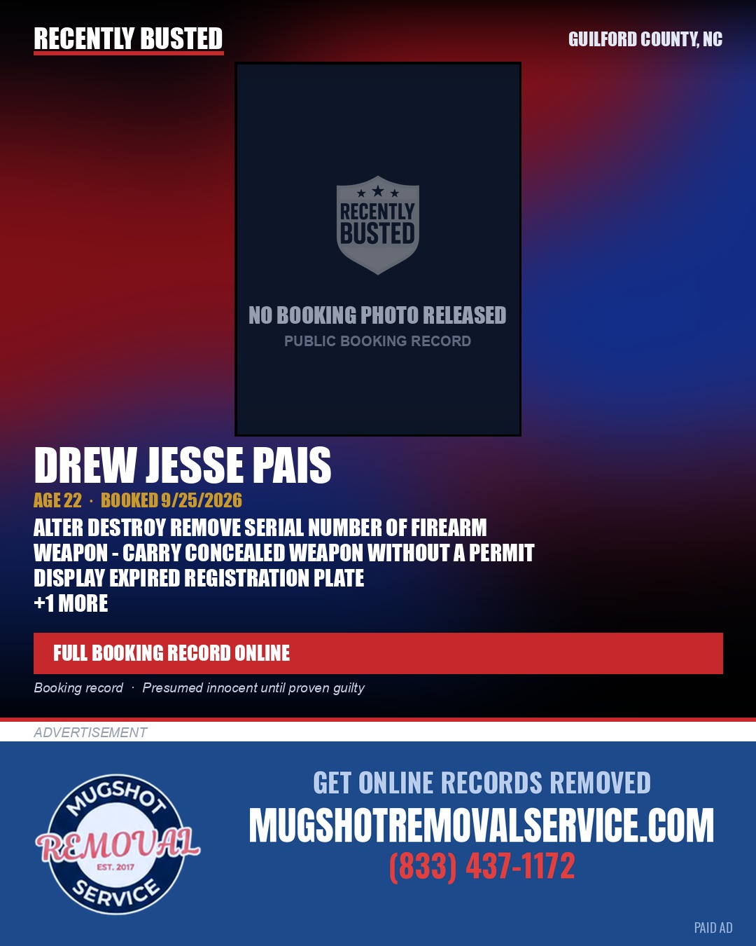 DREW JESSE PAIS — arrest record card, Guilford County, North Carolina