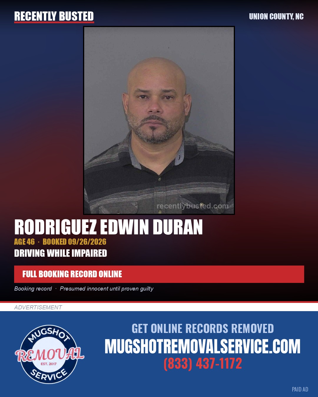 DURAN, RODRIGUEZ EDWIN — arrest record card, Union County, North Carolina