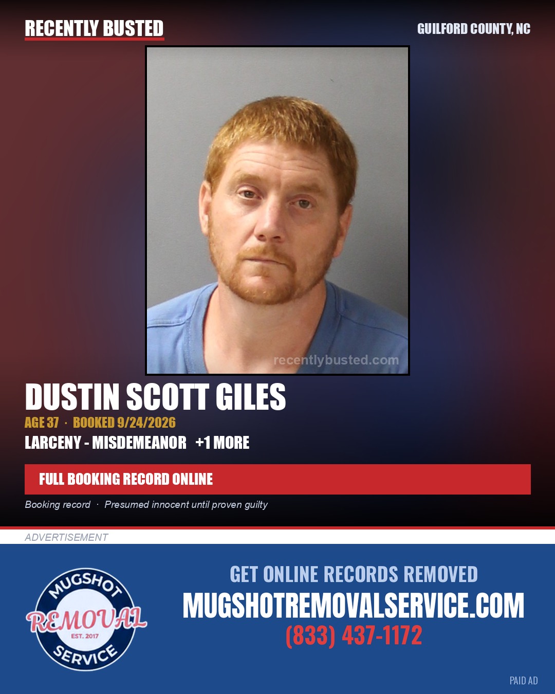 DUSTIN SCOTT GILES — arrest record card, Guilford County, North Carolina