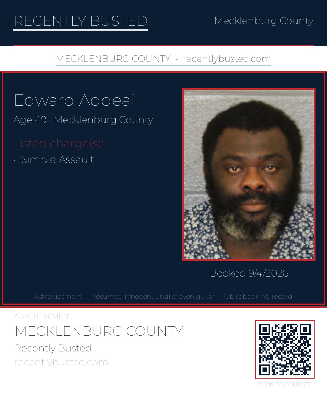 EDWARD ADDEAI — arrest record card, Mecklenburg County, North Carolina