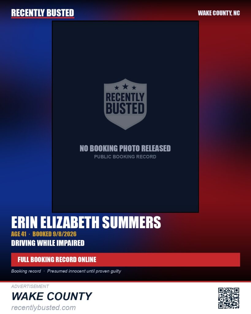 ERIN ELIZABETH SUMMERS — arrest record card, Wake County, North Carolina