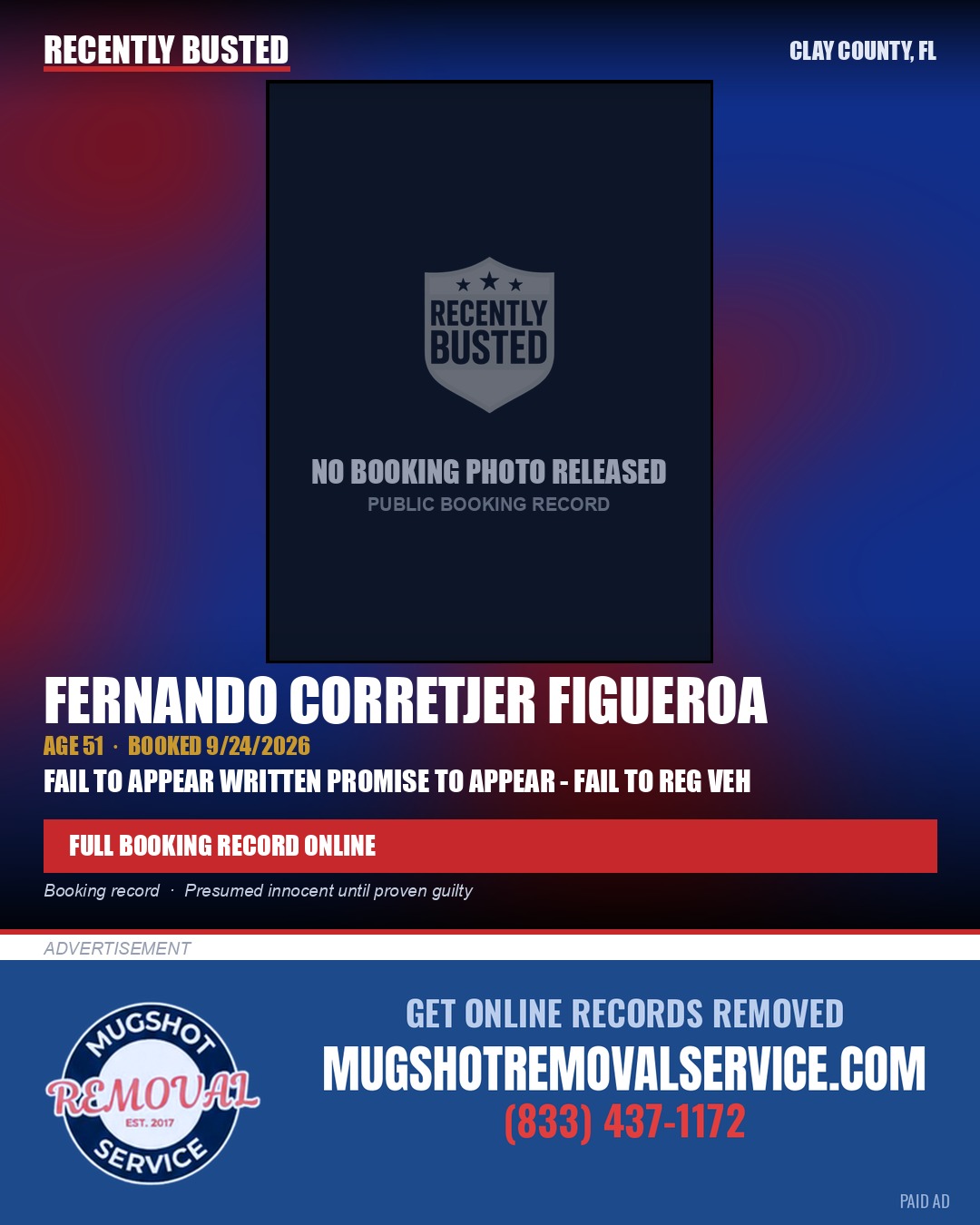 FERNANDO CORRETJER FIGUEROA — arrest record card, Clay County, Florida