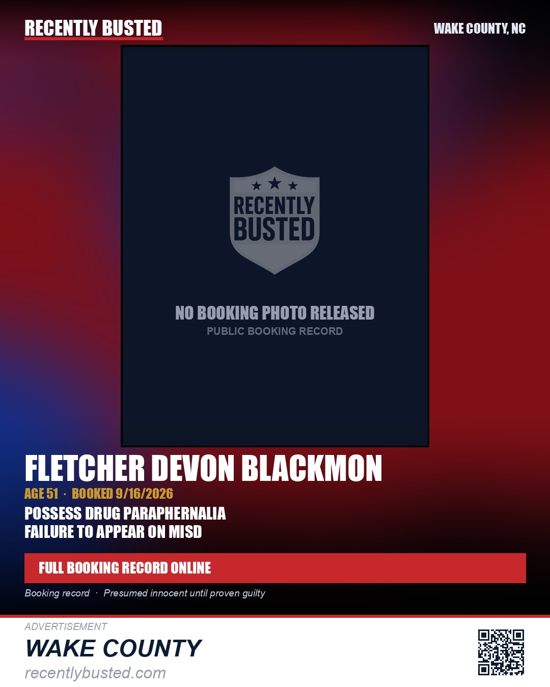 FLETCHER DEVON BLACKMON — arrest record card, Wake County, North Carolina