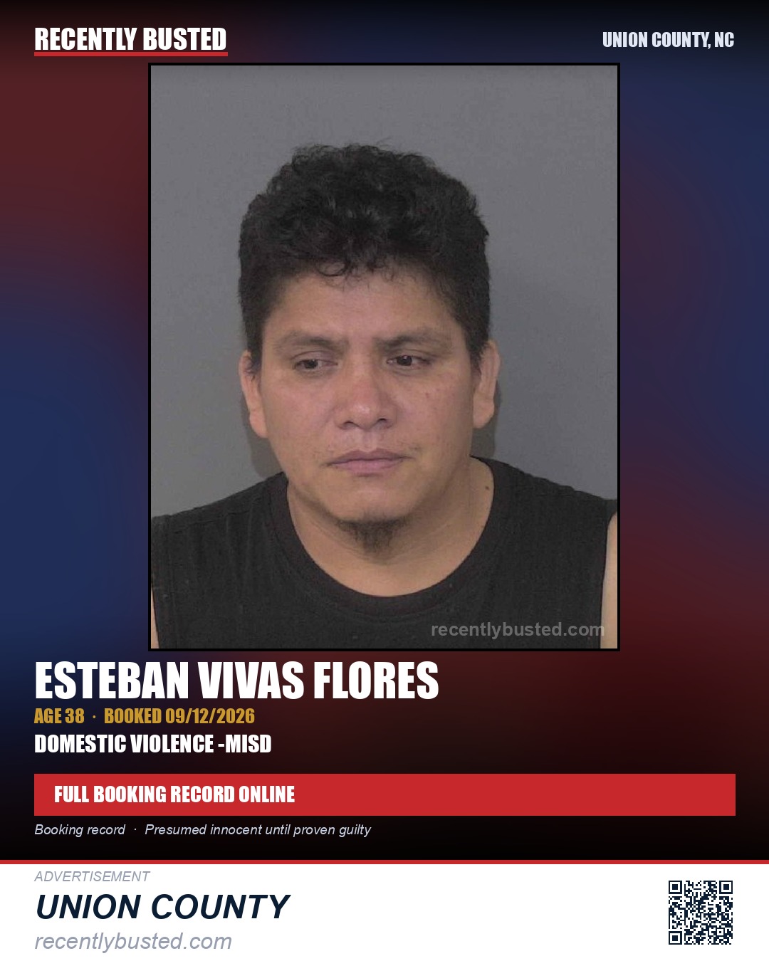 FLORES, ESTEBAN VIVAS — arrest record card, Union County, North Carolina