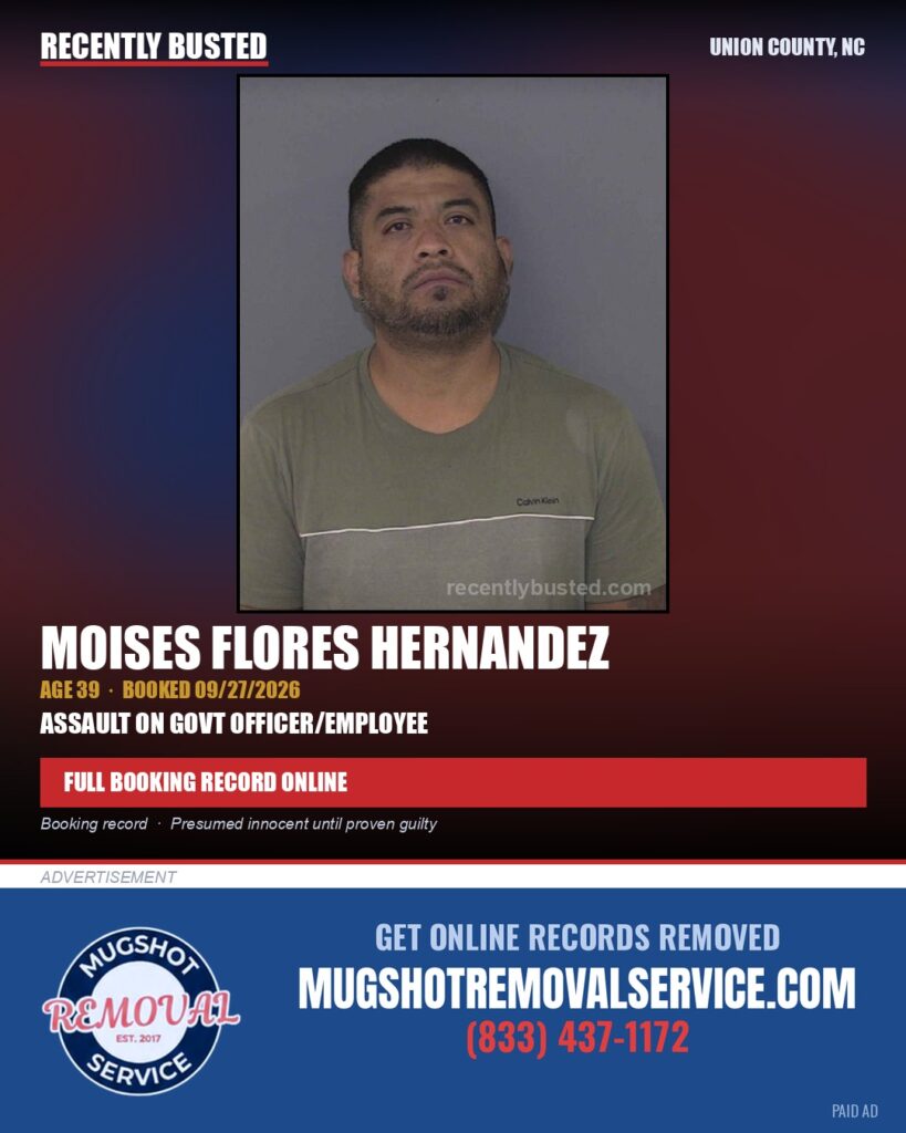 FLORES HERNANDEZ, MOISES — arrest record card, Union County, North Carolina