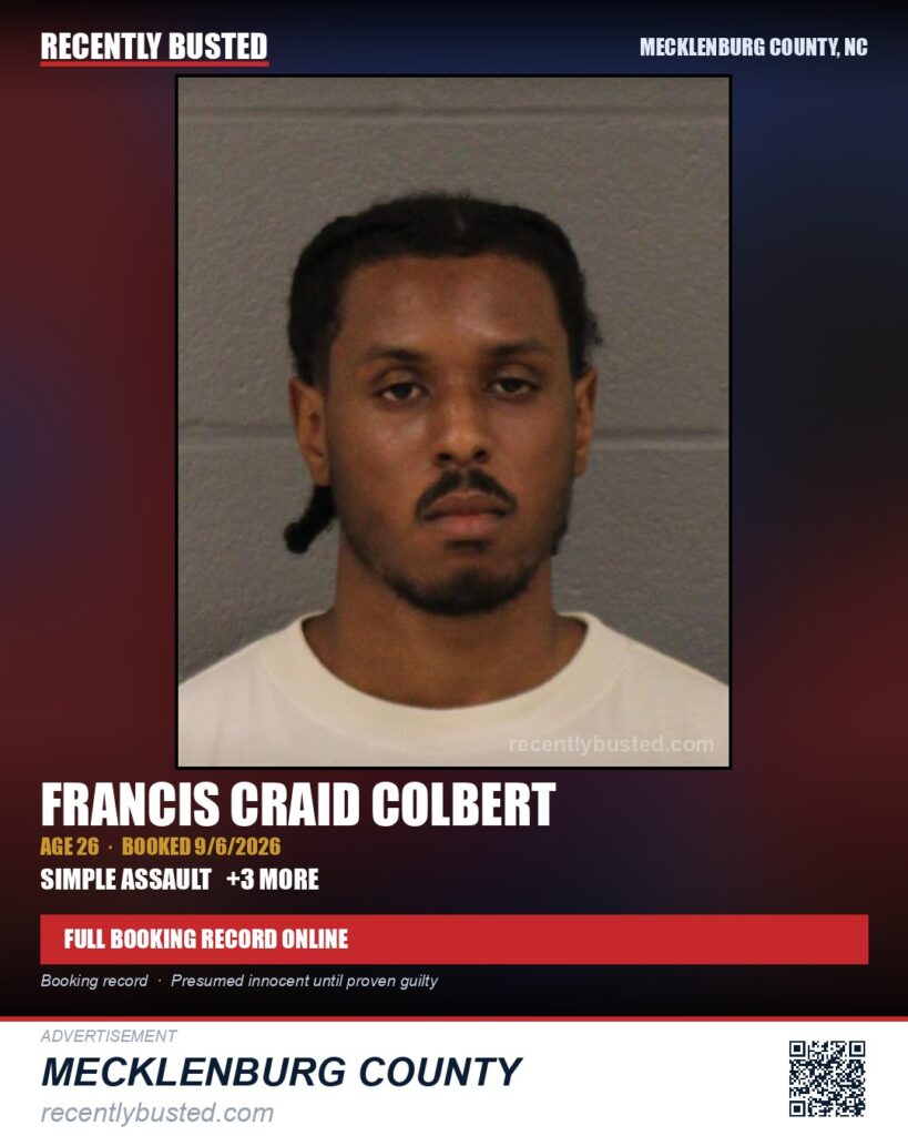 FRANCIS CRAID COLBERT — arrest record card, Mecklenburg County, North Carolina