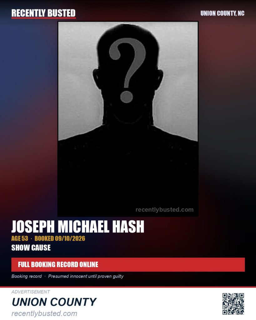 HASH, JOSEPH MICHAEL — arrest record card, Union County, North Carolina