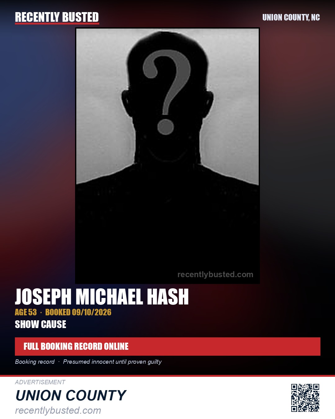 HASH, JOSEPH MICHAEL — arrest record card, Union County, North Carolina