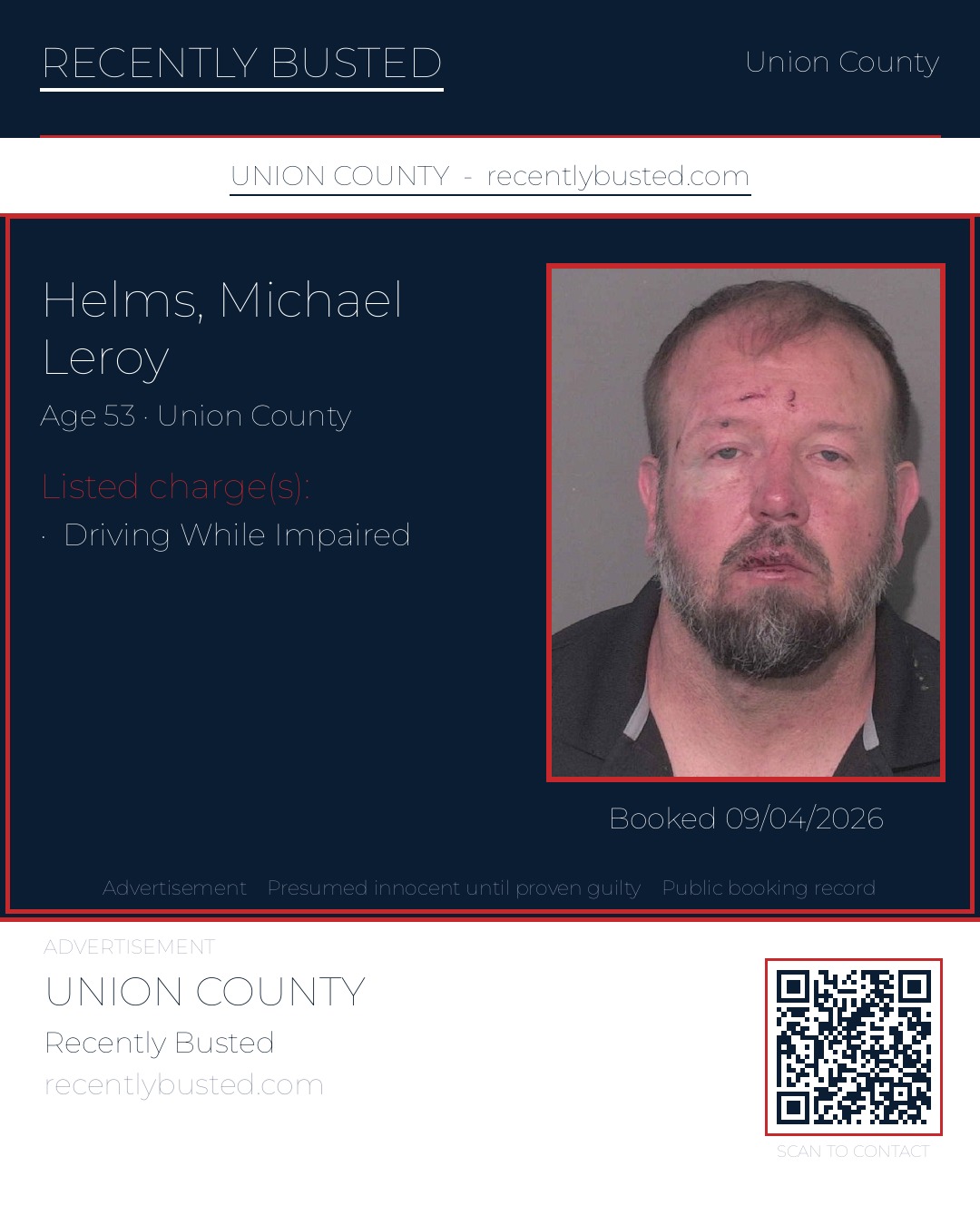 HELMS, MICHAEL LEROY — arrest record card, Union County, North Carolina