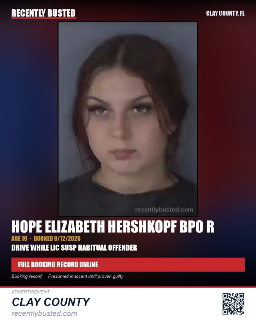 HOPE ELIZABETH HERSHKOPF BPO R — arrest record card, Clay County, Florida