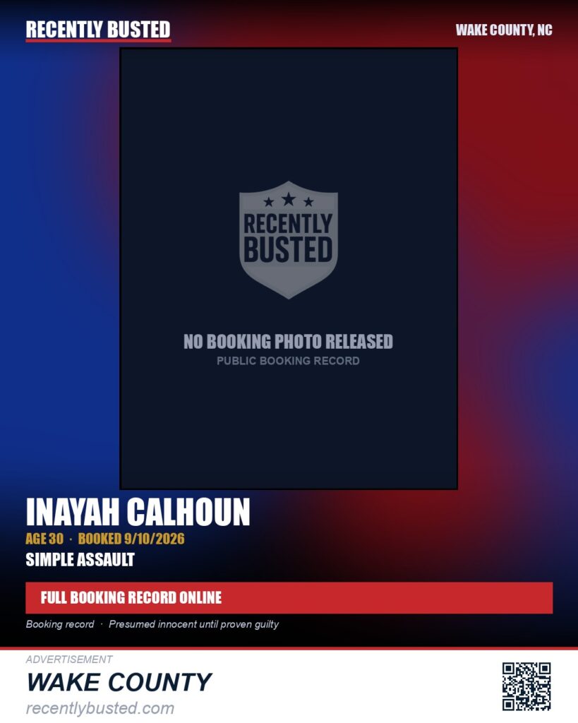 INAYAH CALHOUN — arrest record card, Wake County, North Carolina
