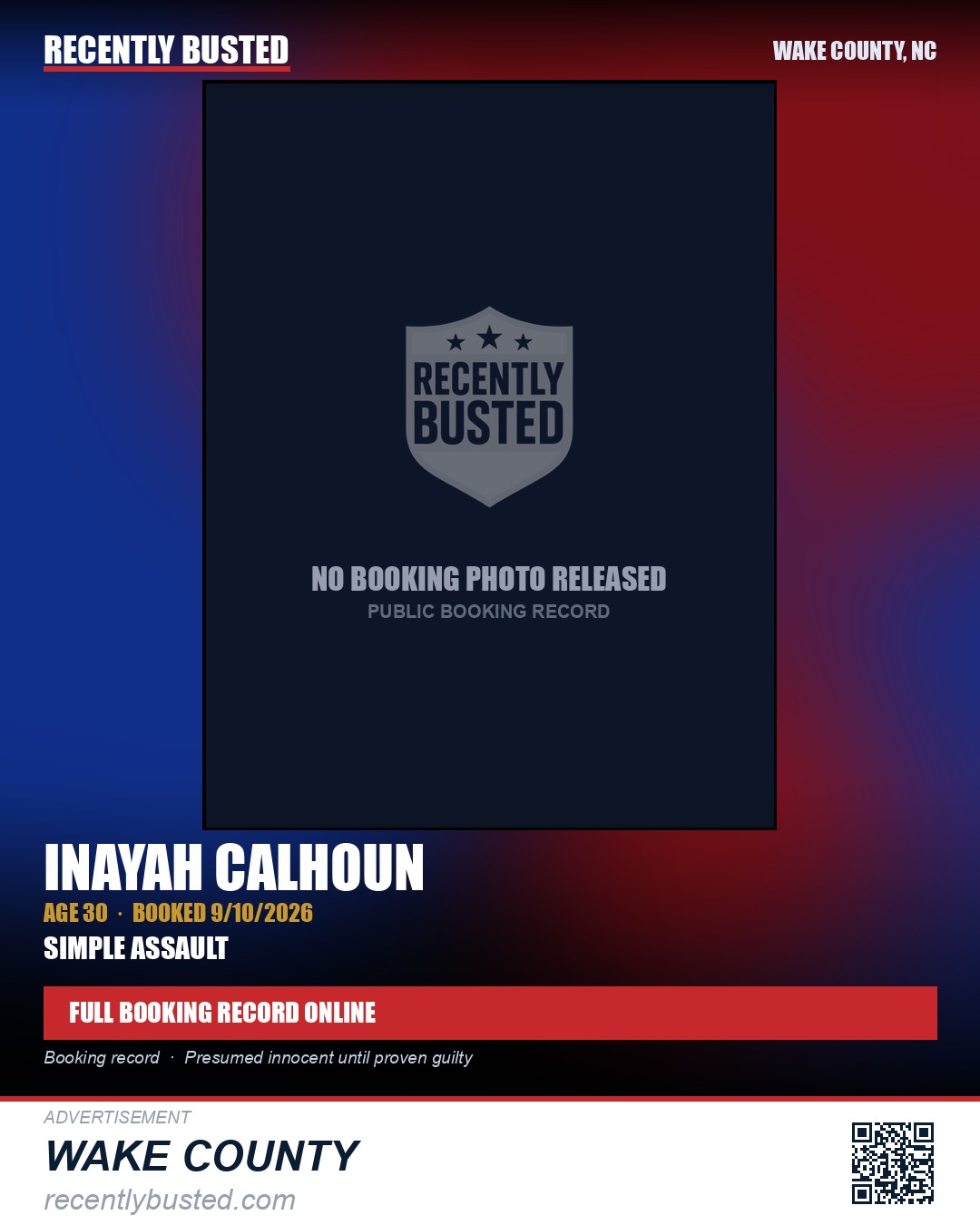 INAYAH CALHOUN — arrest record card, Wake County, North Carolina