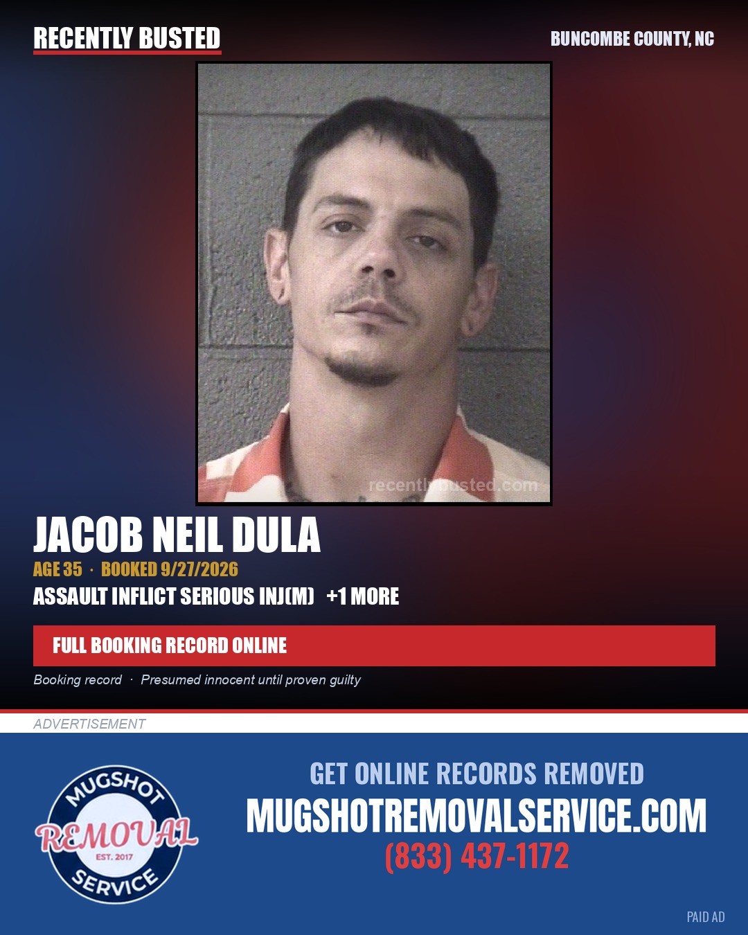 JACOB NEIL DULA — arrest record card, Buncombe County, North Carolina