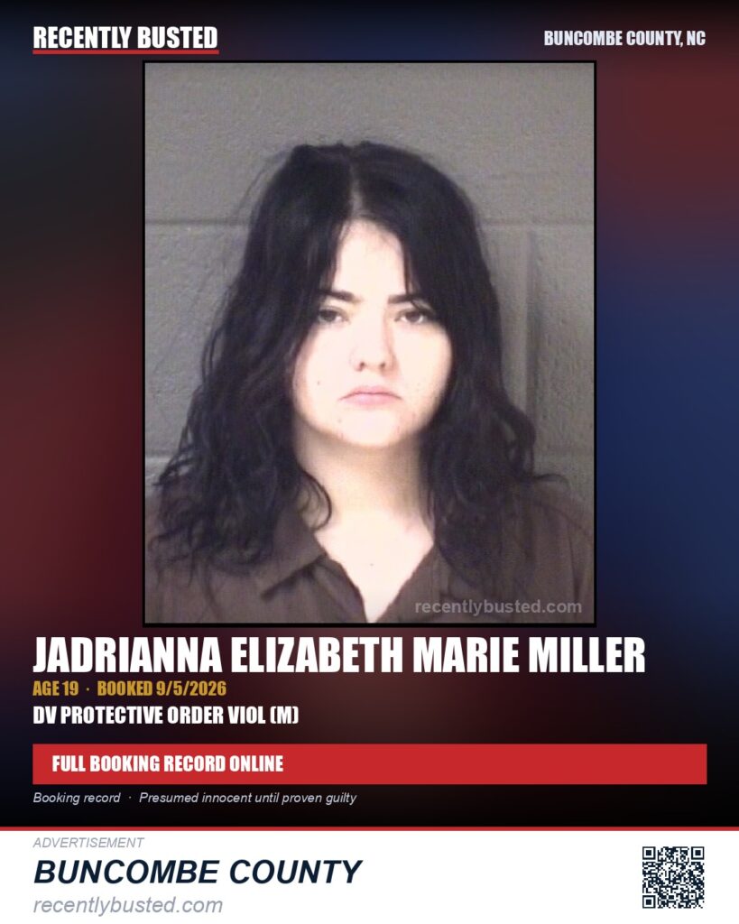 JADRIANNA ELIZABETH MARIE MILLER — arrest record card, Buncombe County, North Carolina