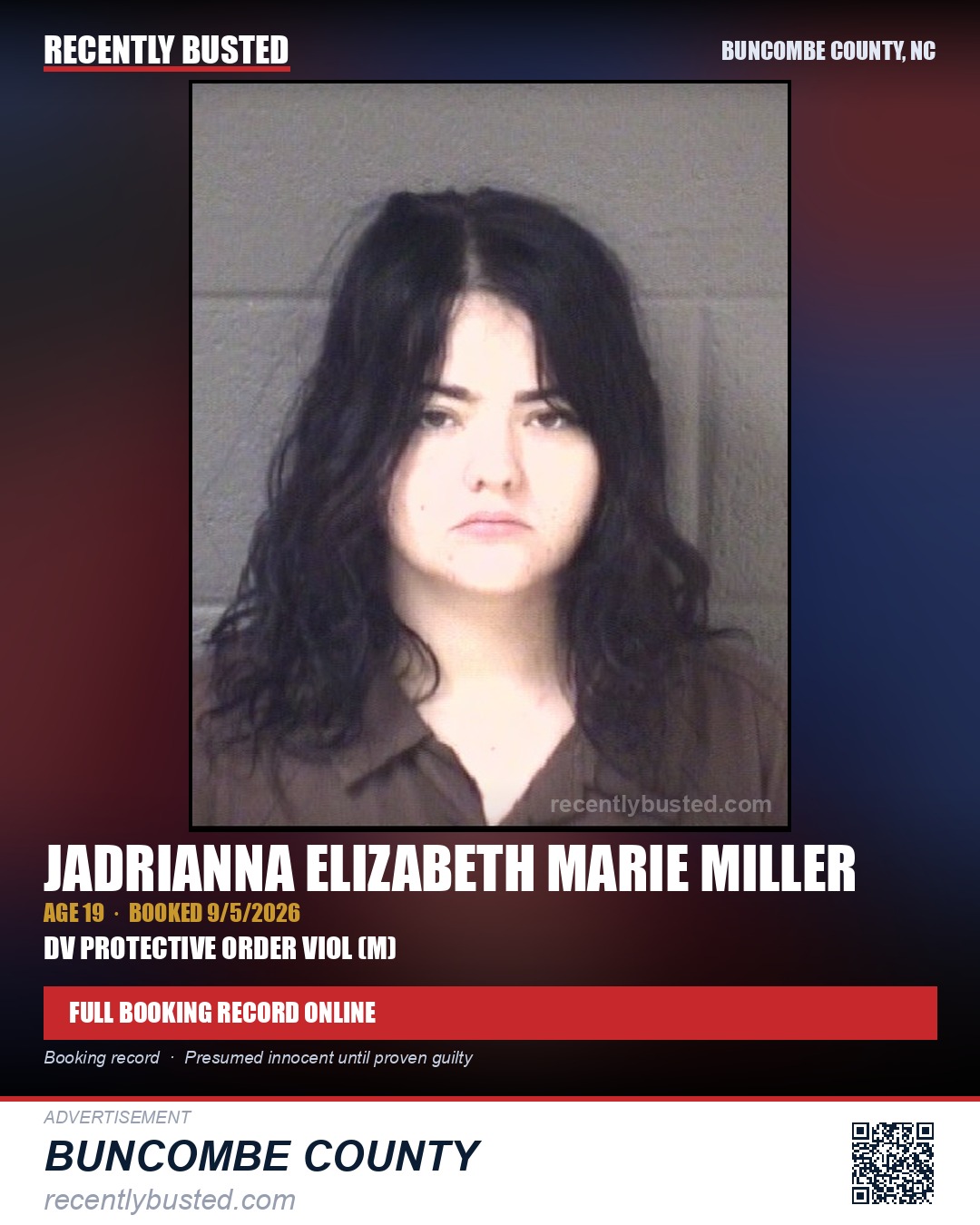 JADRIANNA ELIZABETH MARIE MILLER — arrest record card, Buncombe County, North Carolina