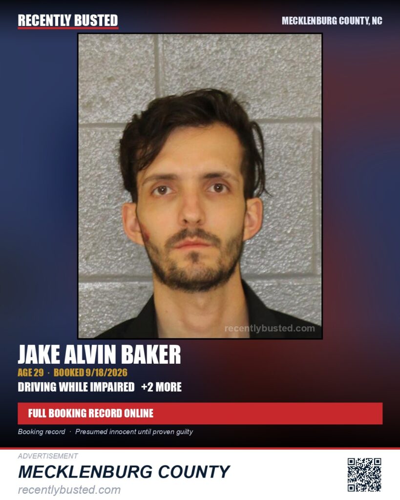 JAKE ALVIN BAKER — arrest record card, Mecklenburg County, North Carolina