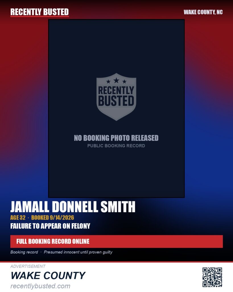 JAMALL DONNELL SMITH — arrest record card, Wake County, North Carolina
