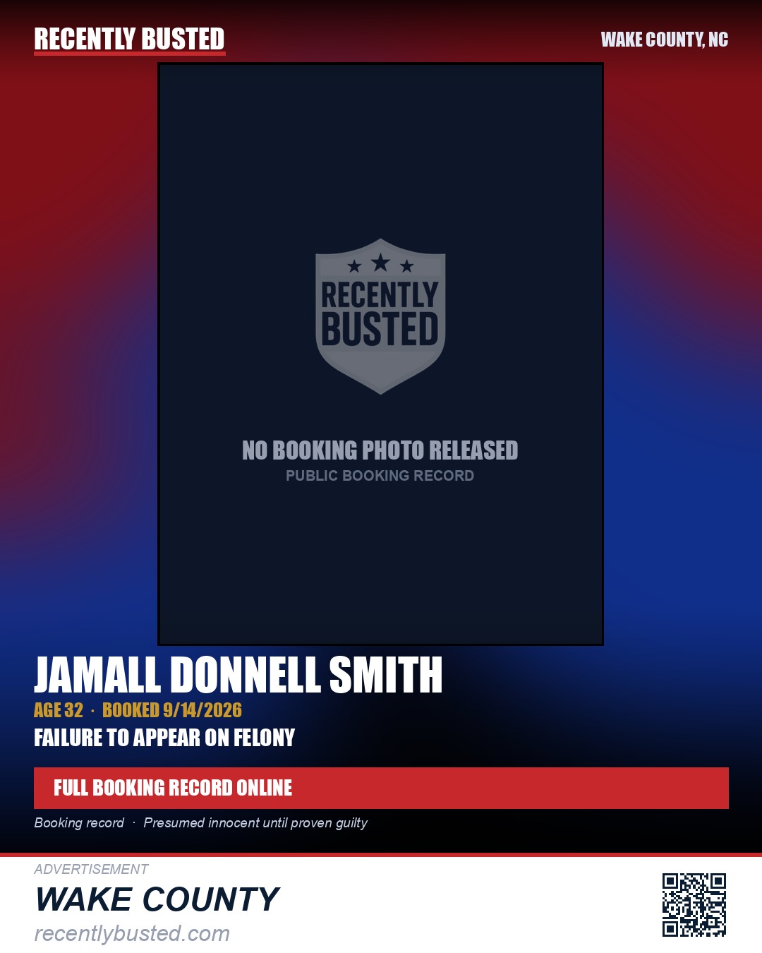 JAMALL DONNELL SMITH — arrest record card, Wake County, North Carolina