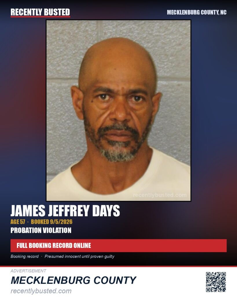 JAMES JEFFREY DAYS — arrest record card, Mecklenburg County, North Carolina
