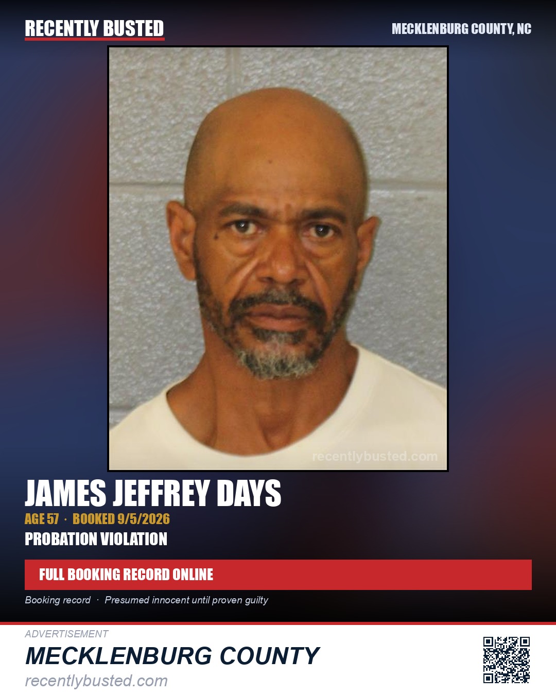 JAMES JEFFREY DAYS — arrest record card, Mecklenburg County, North Carolina