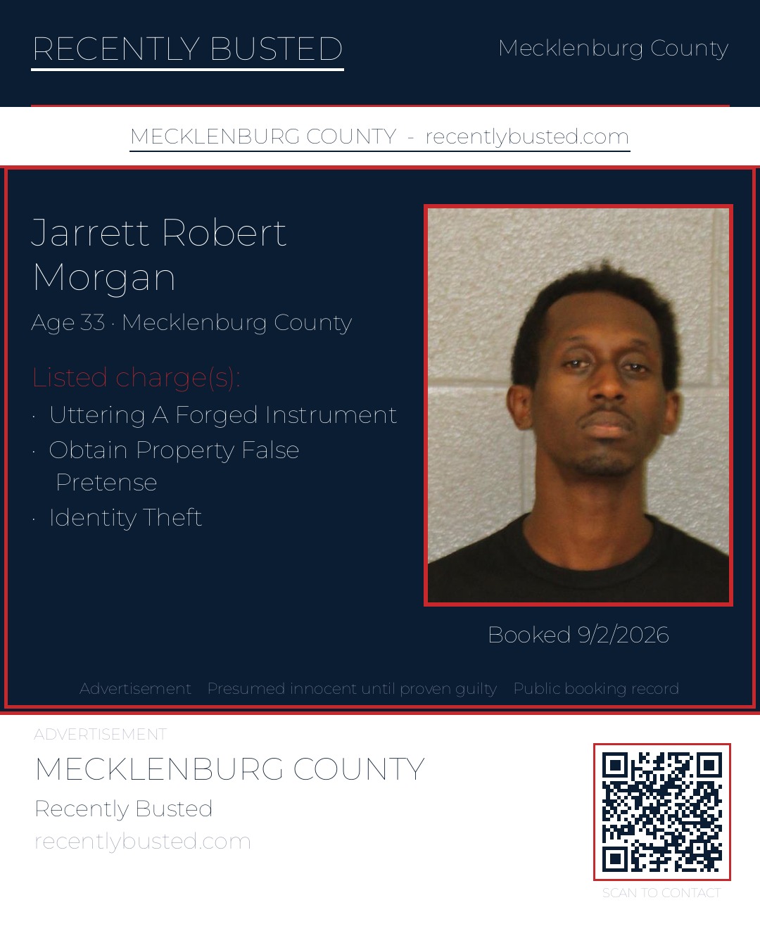 JARRETT ROBERT MORGAN — arrest record card, Mecklenburg County, North Carolina