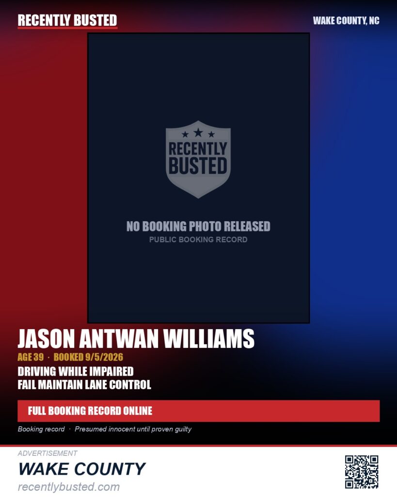 JASON ANTWAN WILLIAMS — arrest record card, Wake County, North Carolina