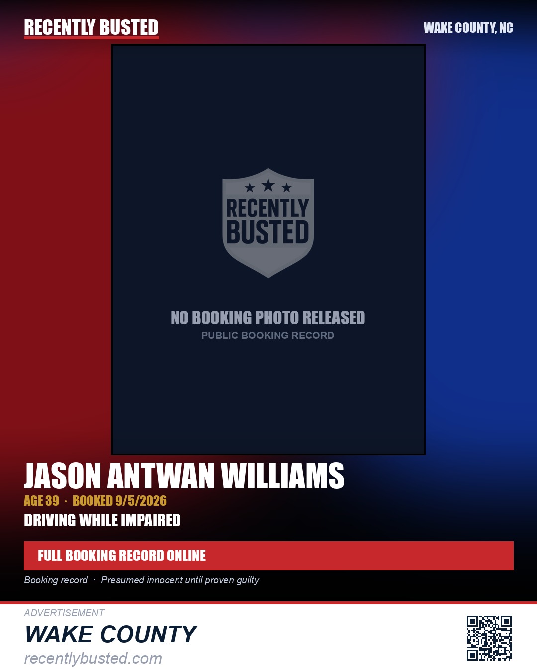JASON ANTWAN WILLIAMS — arrest record card, Wake County, North Carolina
