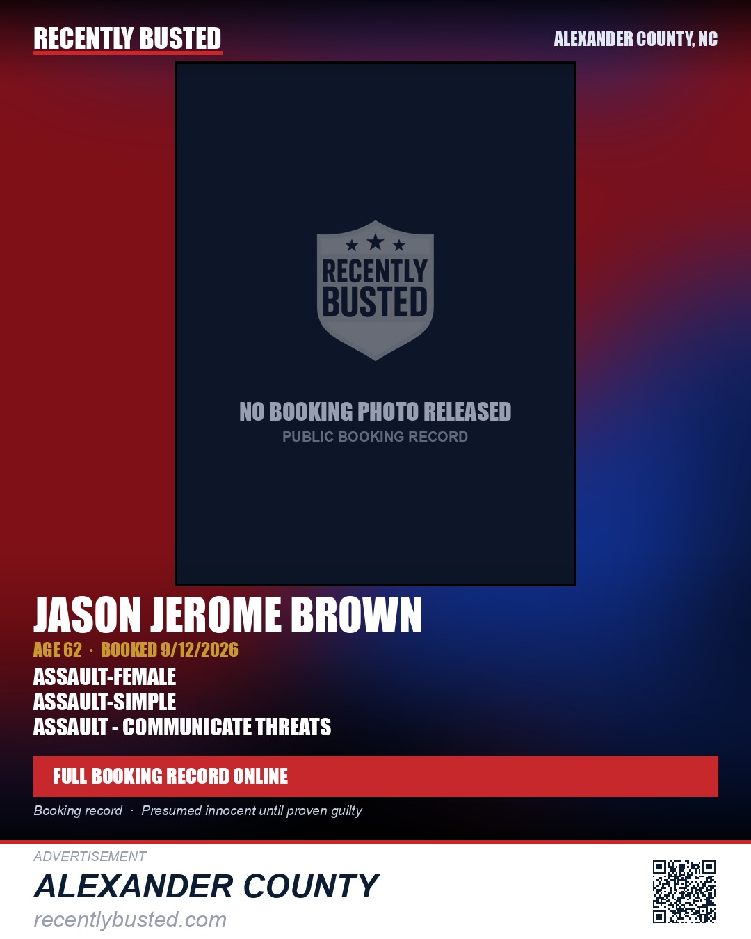 JASON JEROME BROWN — arrest record card, Alexander County, North Carolina