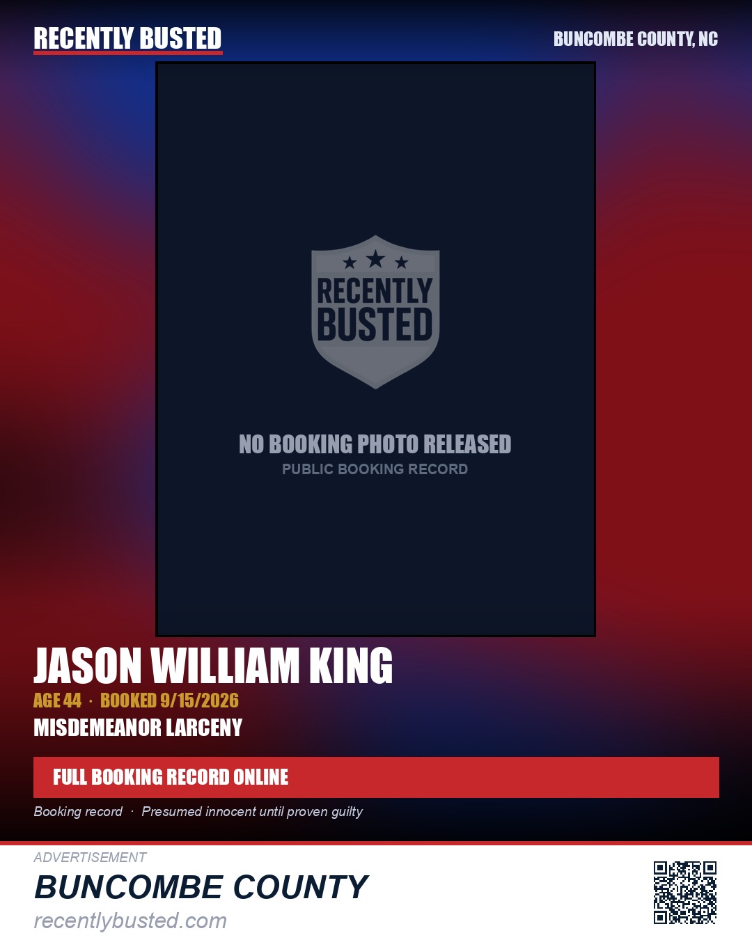 JASON WILLIAM KING — arrest record card, Buncombe County, North Carolina