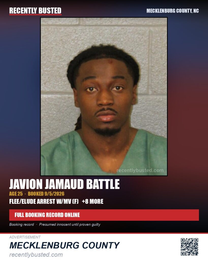 JAVION JAMAUD BATTLE — arrest record card, Mecklenburg County, North Carolina