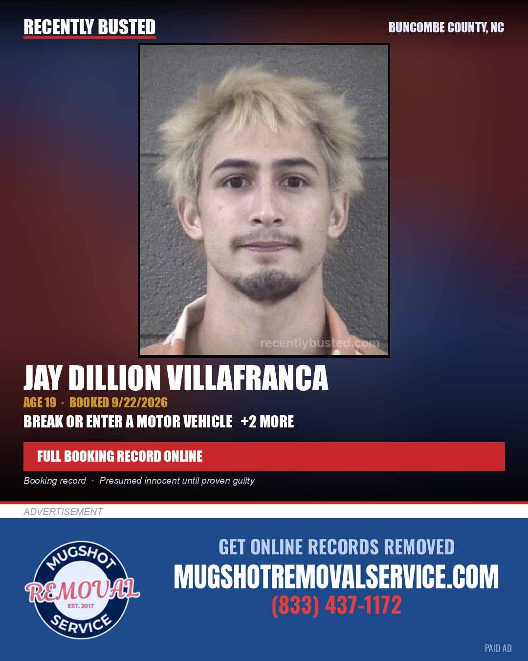 JAY DILLION VILLAFRANCA — arrest record card, Buncombe County, North Carolina