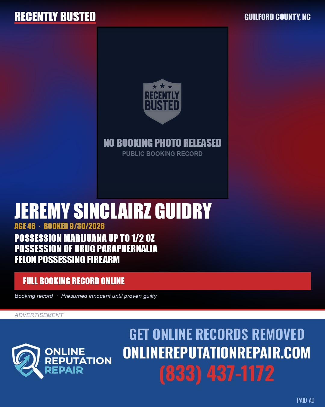 JEREMY SINCLAIRZ GUIDRY — arrest record card, Guilford County, North Carolina