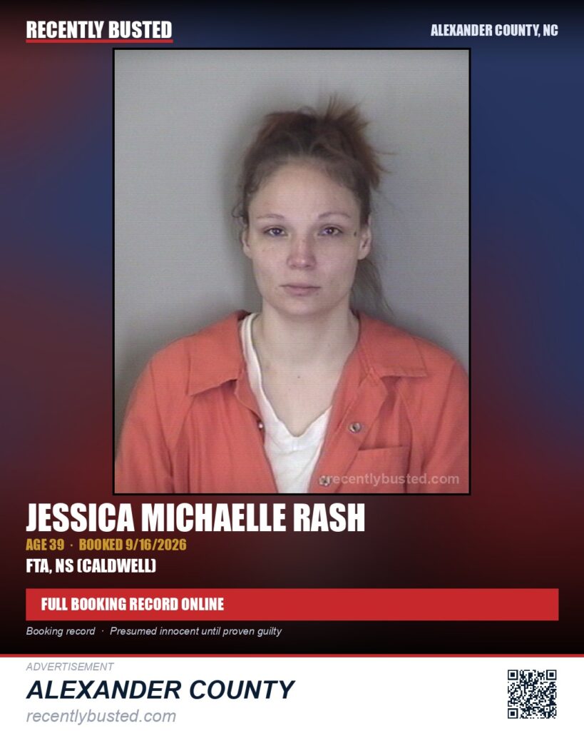 JESSICA MICHAELLE RASH — arrest record card, Alexander County, North Carolina