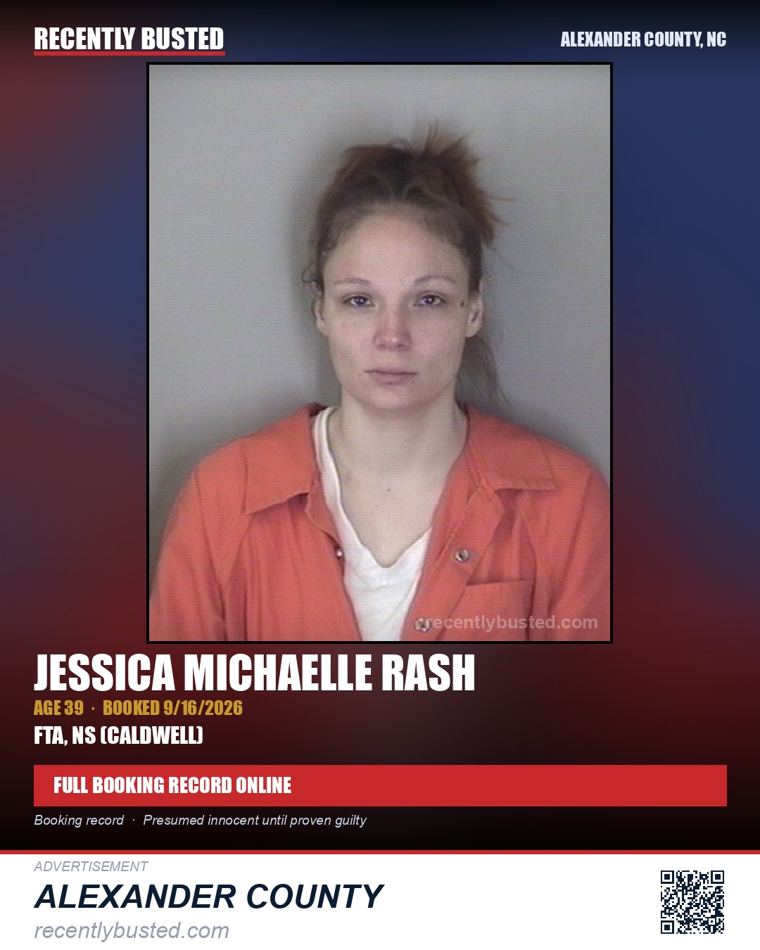 JESSICA MICHAELLE RASH — arrest record card, Alexander County, North Carolina