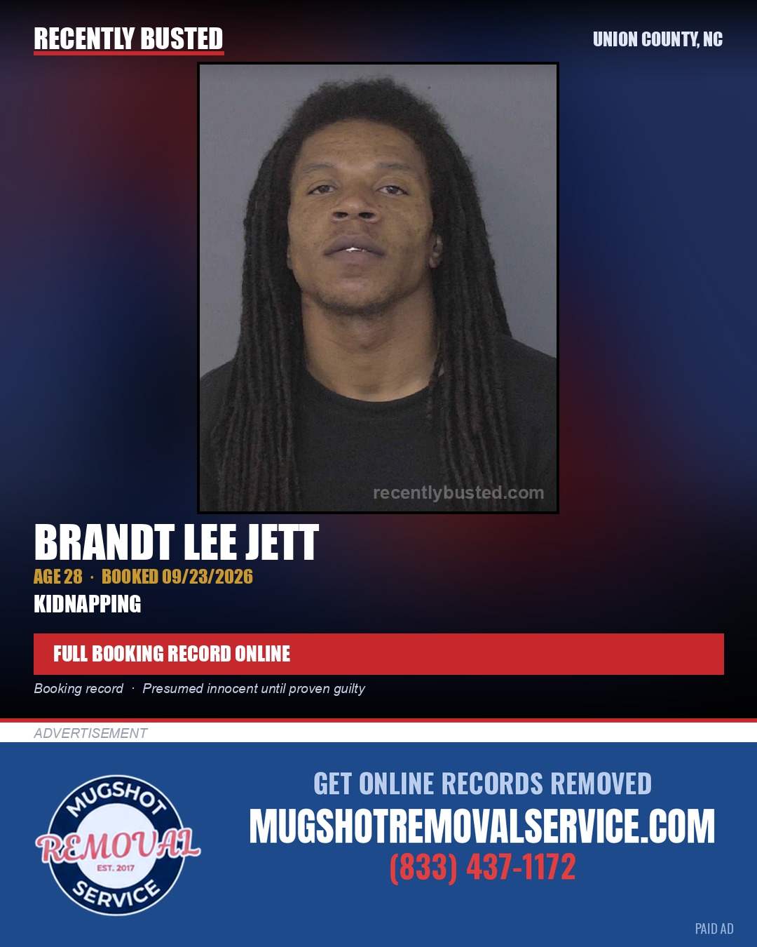 JETT, BRANDT LEE — arrest record card, Union County, North Carolina