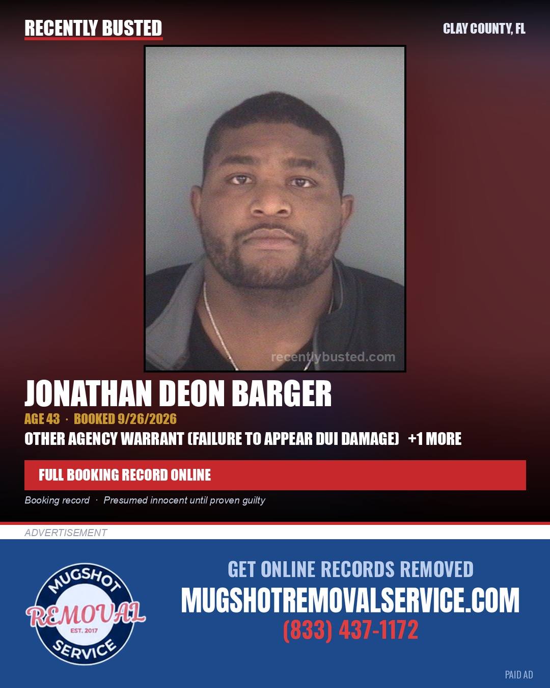 JONATHAN DEON BARGER — arrest record card, Clay County, Florida