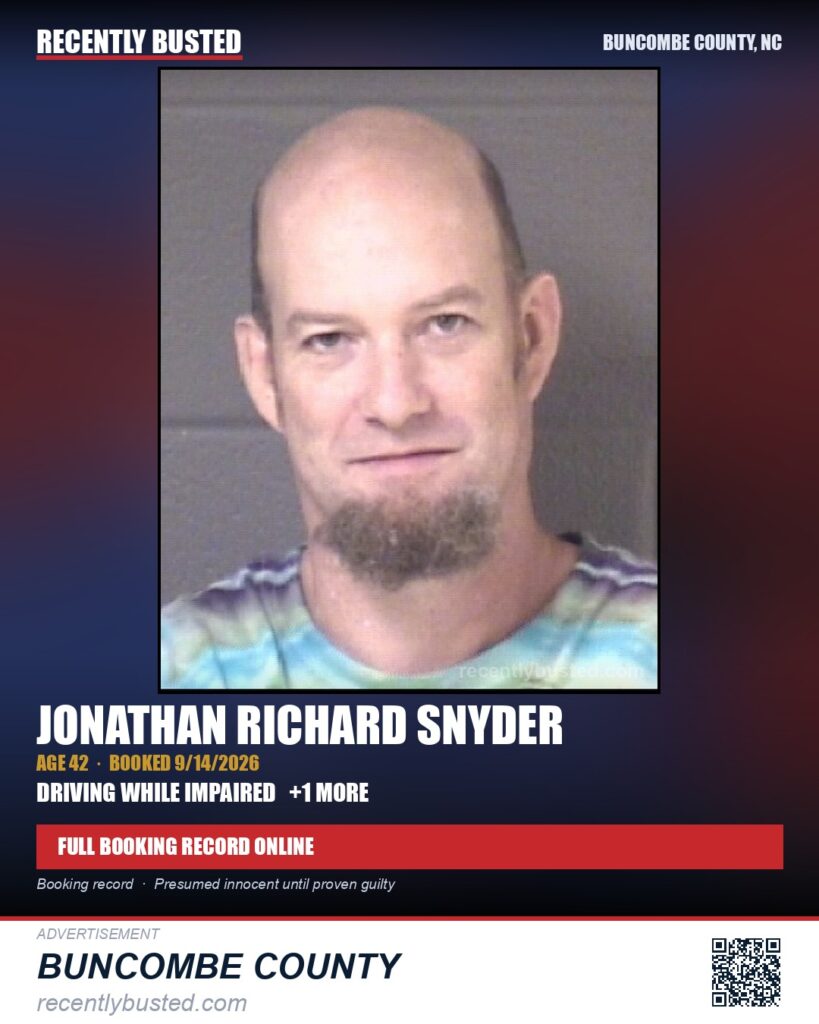 JONATHAN RICHARD SNYDER — arrest record card, Buncombe County, North Carolina