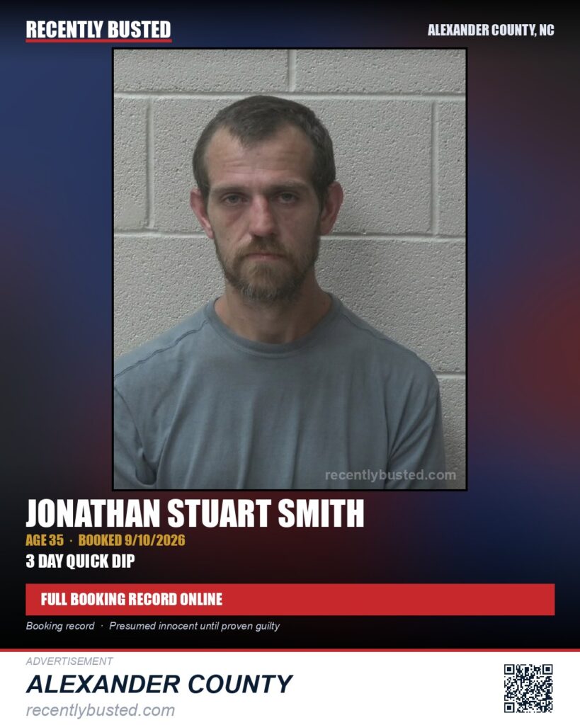 JONATHAN STUART SMITH — arrest record card, Alexander County, North Carolina