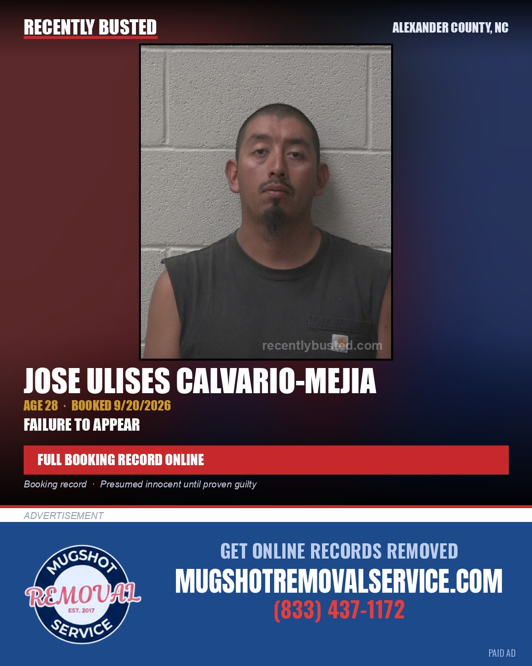JOSE ULISES CALVARIO-MEJIA — arrest record card, Alexander County, North Carolina
