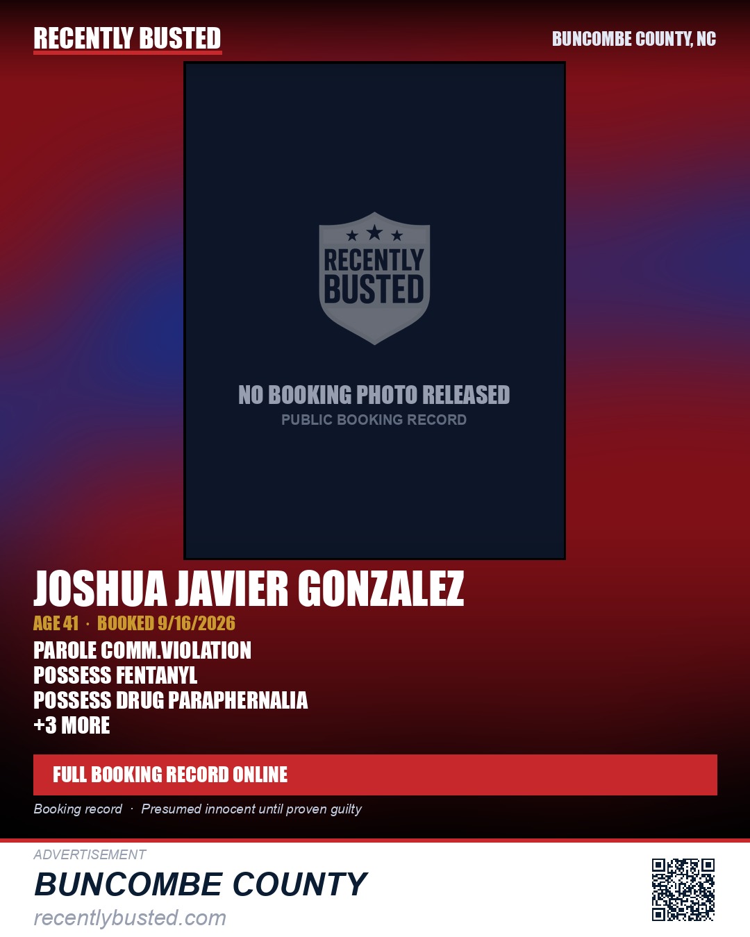JOSHUA JAVIER GONZALEZ — arrest record card, Buncombe County, North Carolina