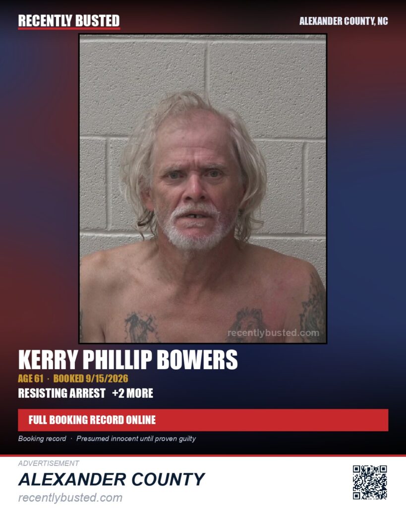 KERRY PHILLIP BOWERS — arrest record card, Alexander County, North Carolina