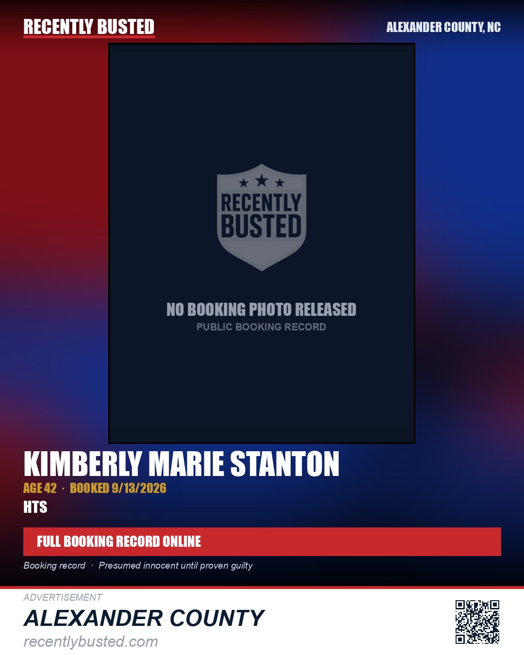 KIMBERLY MARIE STANTON — arrest record card, Alexander County, North Carolina