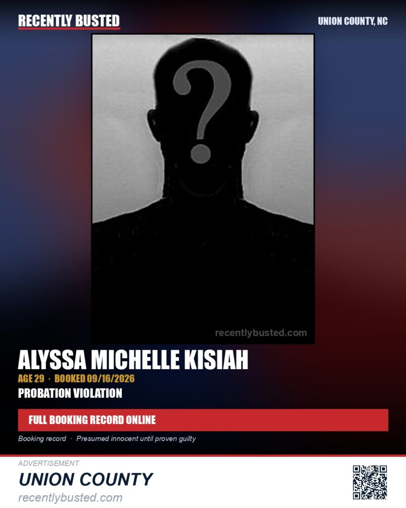 KISIAH, ALYSSA MICHELLE — arrest record card, Union County, North Carolina